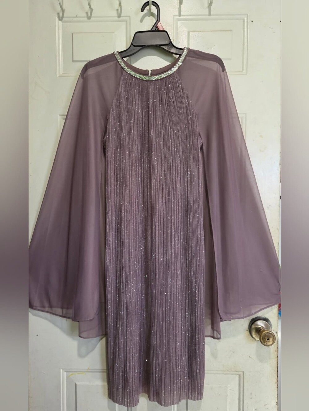 R&M Richards Dusty Lavender Long-Sleeve Evening Dress with Beaded Neckline